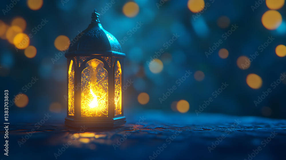 Poster ramadan kareem greeting card with glowing lantern and bokeh lights on blue background