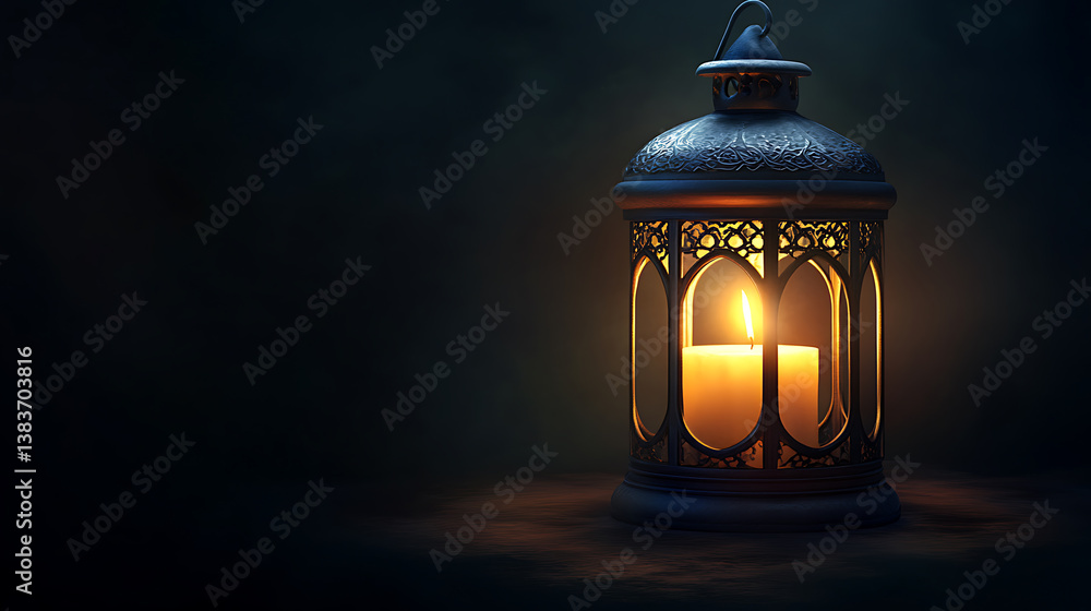 Aufkleber ramadan kareem greeting card with glowing lantern and bokeh lights on blue background