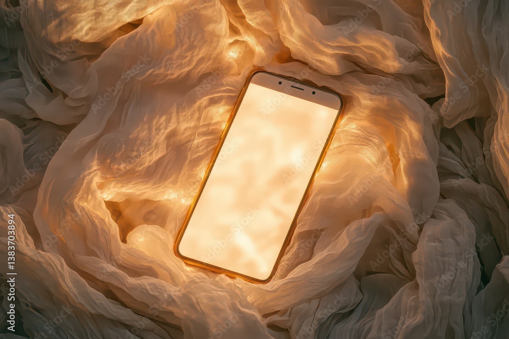 Poster a modern smartphone resting on soft, illuminated fabric, creating a serene and tranquil atmosphere