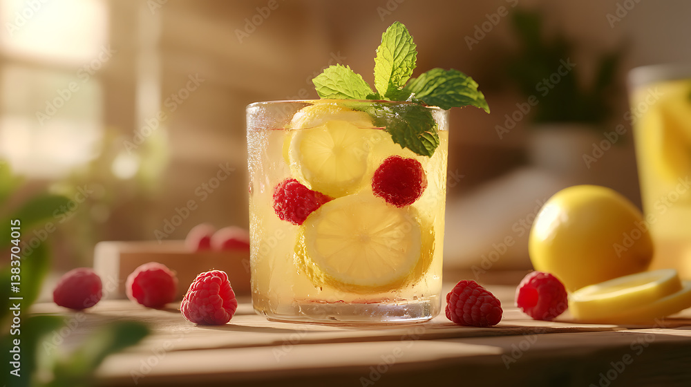 Poster raspberry lemonade with fresh raspberries and mint in glass
