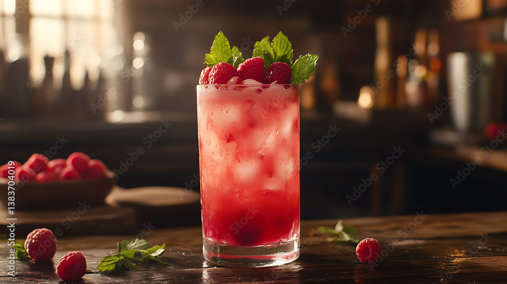 Aufkleber raspberry lemonade with fresh raspberries and mint in glass