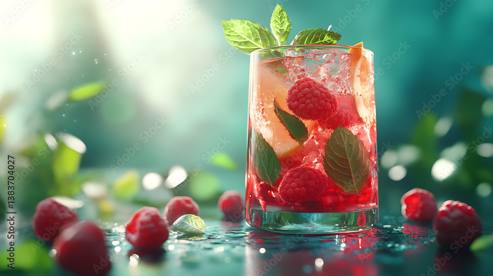 Poster raspberry lemonade with fresh raspberries and mint in glass