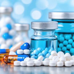 Blue Pills Capsules and Medicine Vials on a Reflective Surface