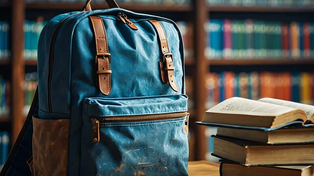 Blue school backpack resting on table near open books in library with blurred bookshelves in background, evoking learning and study atmosphere


