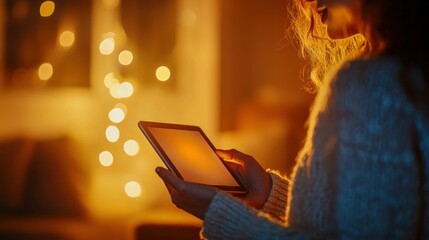 A woman looks at a tablet, illuminated by a warm glow, creating a cozy atmosphere at home.