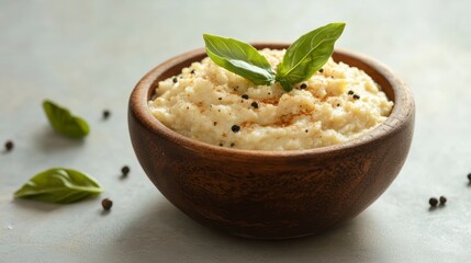 Creamy cauliflower puree in a wooden bowl, garnished with fresh basil and peppercorns.