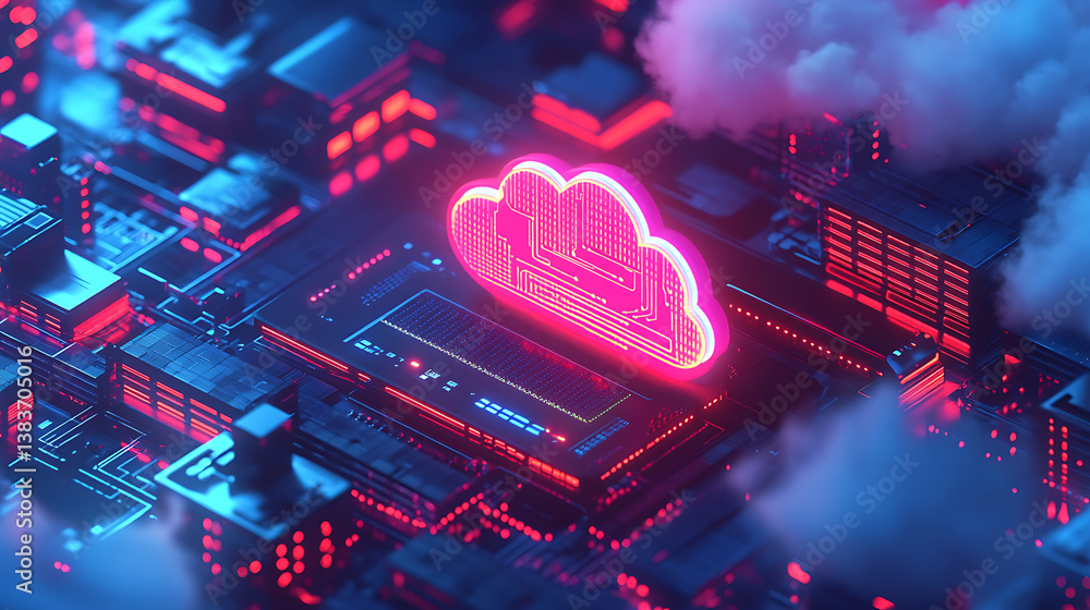 Poster raster illustration of remote server, cloud storage, hard disk, cyberpunk style, technology, passwor