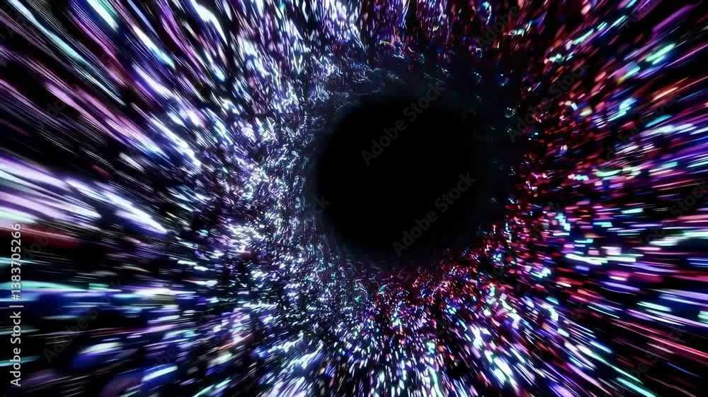 Poster vibrant light burst into dark void with colorful particles and starry background