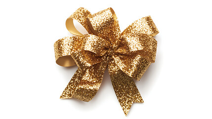 Realistic gold glitter party gift bow decoration against a white background