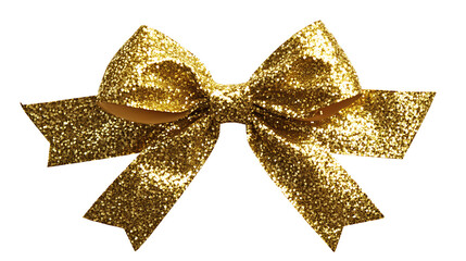 Realistic gold glitter party gift bow decoration against a white background