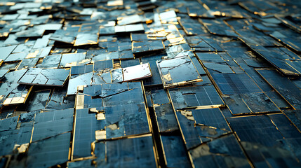 Recycling old solar panels, showcasing the dismantling of photovoltaic materials for sustainable disposal and reuse in environmental management