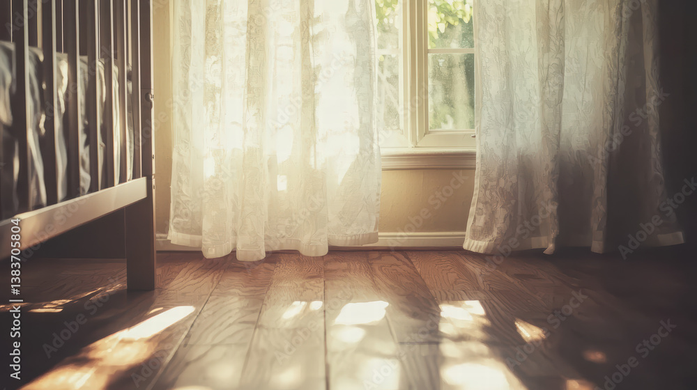 Poster serene nursery: warm sunlight streams through a window, illuminating a baby's crib and delicate curt