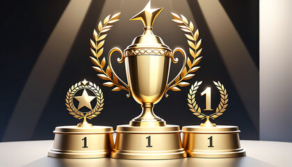 Golden Trophy Number One with Laurel Wreath and Victory Podium 3D Rendering

