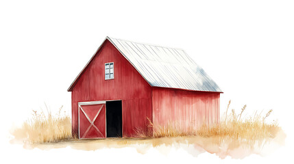 Obraz premium Red farm house barn, watercolor illustration landscape white isolated background