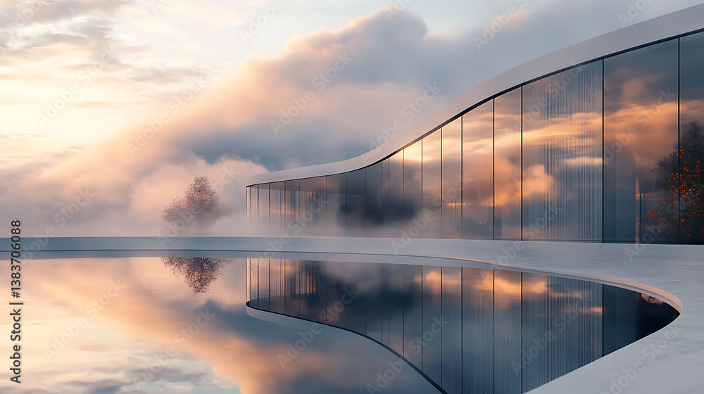 Poster reflection of clouds in curve glass office building, 3d rendering