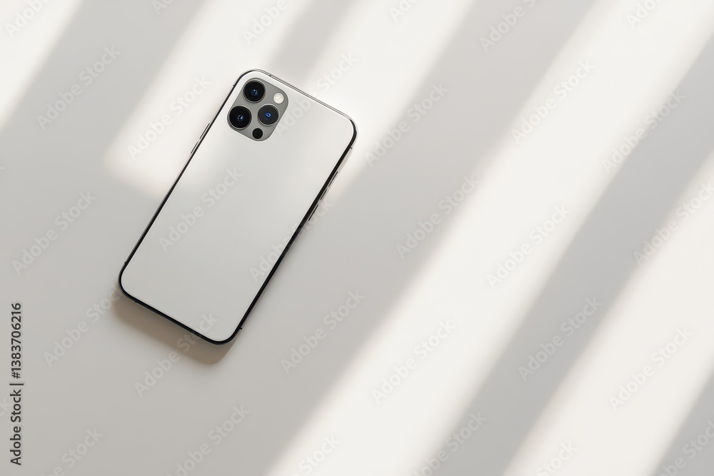 Poster a sleek smartphone resting on a minimalist surface, with soft shadows creating a calm ambiance