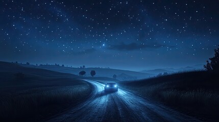 Fototapeta premium A solitary vehicle drives down a winding road beneath a starry sky