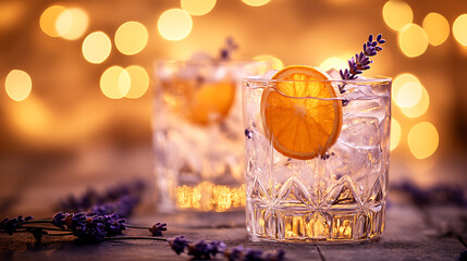 Refreshing gin tonic drinks with lavender and orange slice garnishes, surrounded by warm bokeh lights, suggesting a festive atmosphere