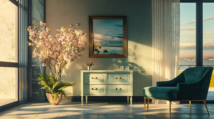 Relax room interior with chairs and decoration, drawer and mockup frame