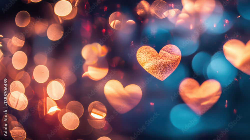 Poster heart bokeh lights: captivating a magical scene with soft, luminous bokeh lights. expressing warmth 
