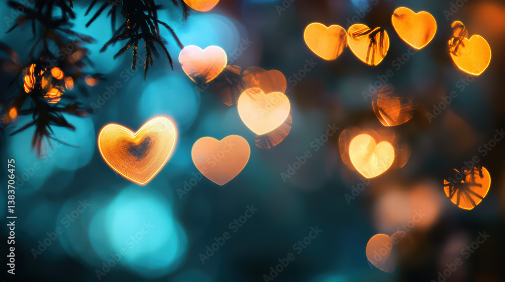 Poster heart-shaped bokeh: a captivating display of heart-shaped bokeh lights twinkles gently against a bac