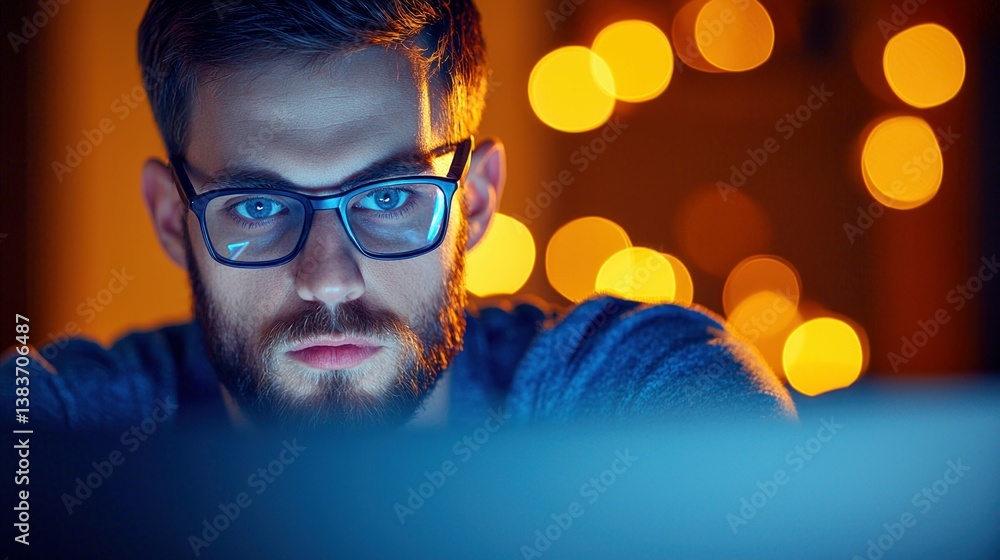 Poster a serious man with glasses working on the computer at night with bokeh lights.