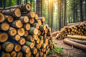 Stacked Logs in a Forest – Rustic Woodland Scene. Pile of Cut Logs in a Dense Forest. Natural Timber Stock.