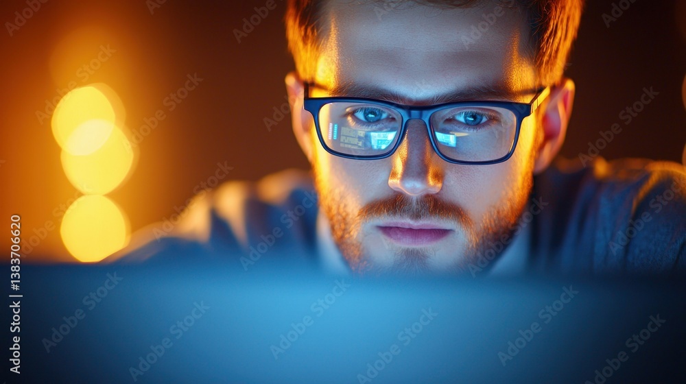 Poster close-up of a man wearing glasses, looking intently at a computer screen with a red beard.