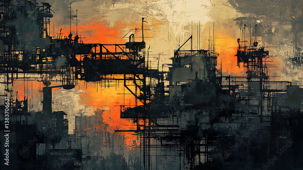 Poster retro style oil drawing, 2d illustration, texture backdrop painting form, creative chaos structure e