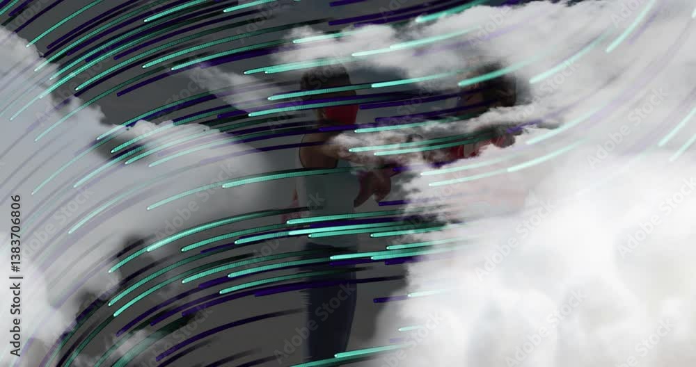Poster swirling lines in abstract animation over cloudy sky background, creating movement