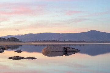 End of drought in Spain Gabriel y Galan reservoir in Extremadura at dusk