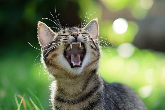 A charming tabby cat caught mid-yawn in a vibrant green setting, showcasing its playful energy and tranquility.