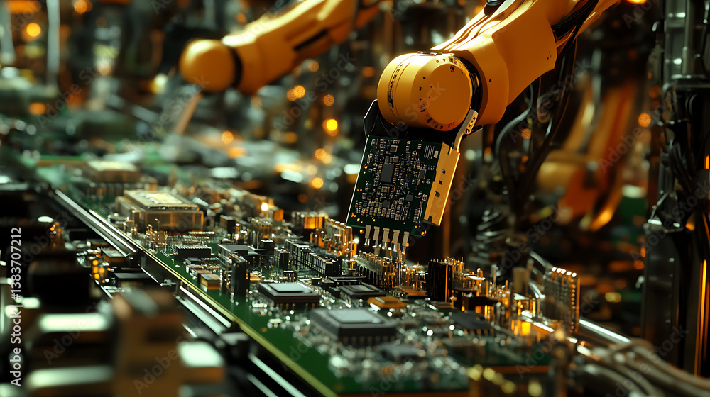 Poster robotic arms on assembly lines manufacturing circuit boards with chips, cpus, and electronic compone