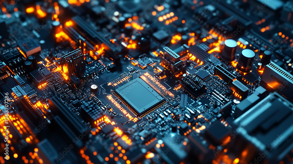 Poster robotic arms on assembly lines manufacturing circuit boards with chips, cpus, and electronic compone