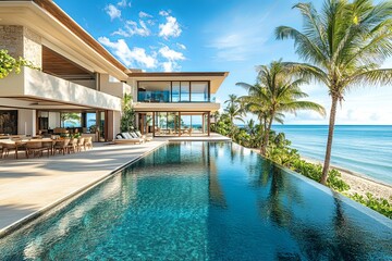 Luxurious modern oceanfront estate with a stunning infinity pool and blue sky