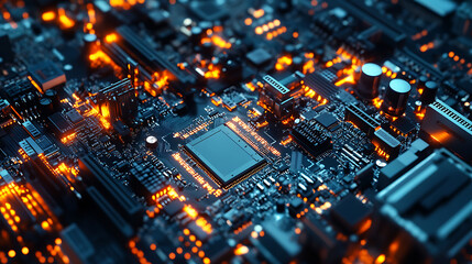 Obraz premium Robotic arms on assembly lines manufacturing circuit boards with chips, cpus, and electronic components, electronics manufacturing technology, robotic arm or manipulator on a factory floor