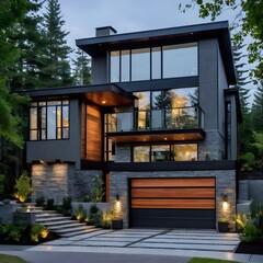 Modern Architectural Marvel: An exquisitely designed contemporary home showcasing sleek lines, expansive glass windows, and a harmonious blend of natural materials, nestled amidst lush greenery. 