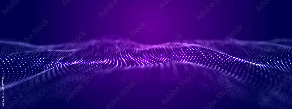 Poster Big data visualization. The musical stream of sounds. Abstract background with interweaving of dots . 3D rendering.