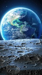 view of earth from moon with starry sky and cratered surface in space