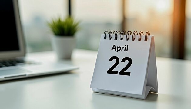 Desk calendar showing April 22nd with a laptop and plant in the background