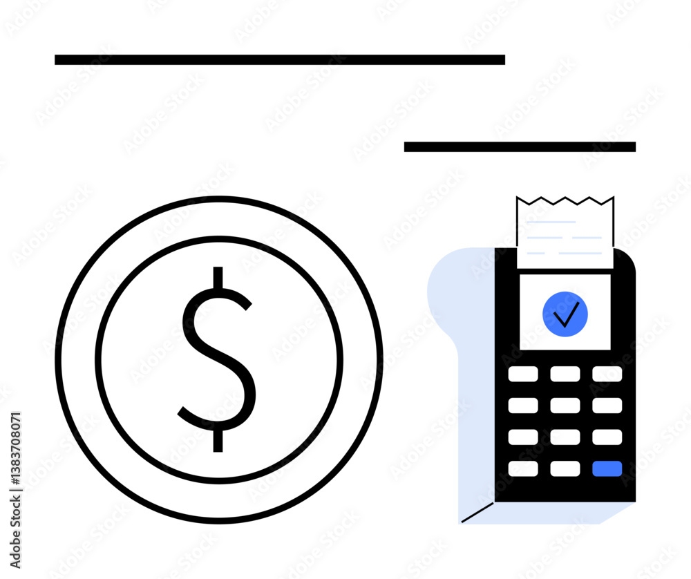 Aufkleber dollar sign inside a coin next to a pos terminal with a receipt and checkmark. ideal for payment, bu