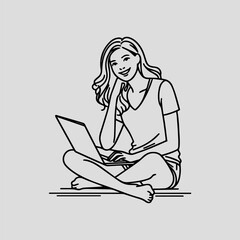 Minimal line art of woman sitting with laptop vector illustration for freelance and remote work themes