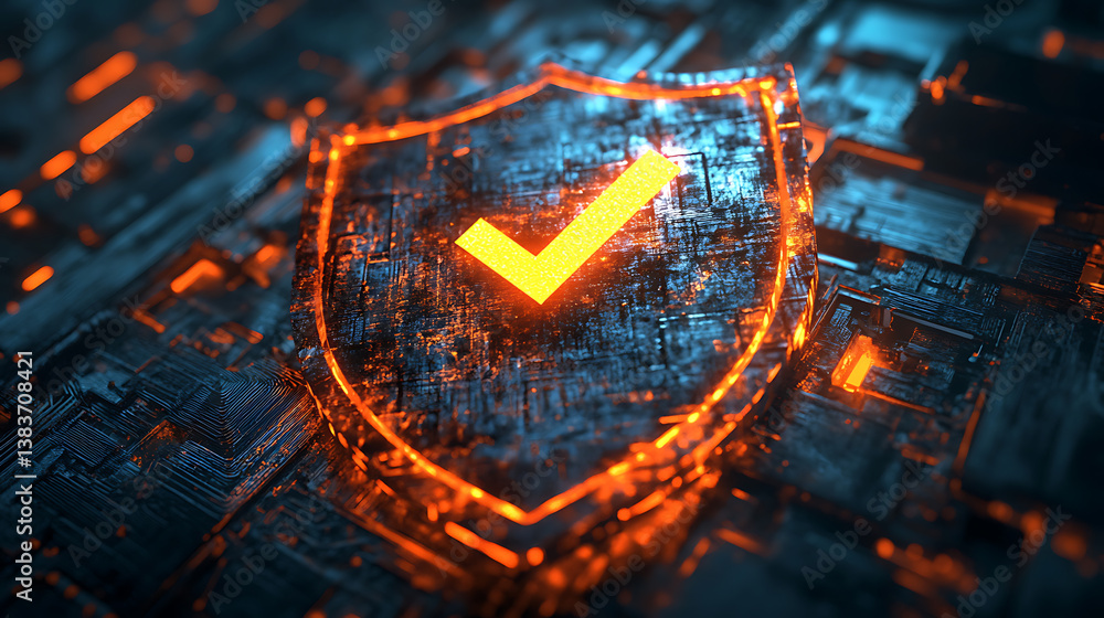 Aufkleber Rust programming language concept illustrated by a rusty shield with a digital glowing checkmark, symbolizing security and reliability in software development