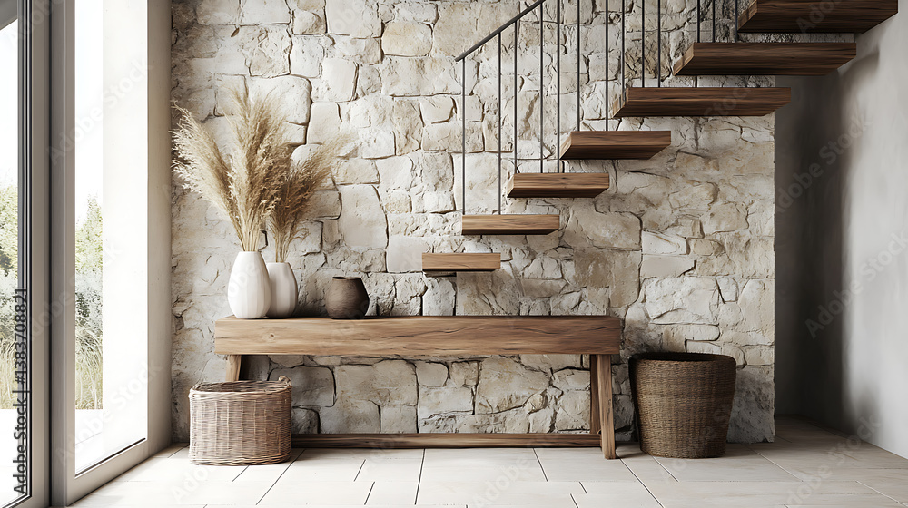 Aufkleber rustic console table near stone cladding wall, farmhouse interior design of modern home entryway wit