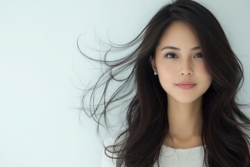 stunning young asian woman with windblown hare engages the viewer, perfect for beauty and wellness products, or inspirational content.  copy space 