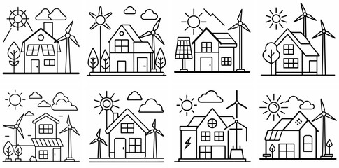 House Solar Panels Wind Turbines Outline Coloring Book Page Line Art Drawing Set