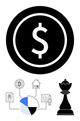 Dollar sign in circle, Bitcoin, home, pie chart, certificate, chess piece. Ideal for finance, investment strategy planning real estate analysis cryptocurrency. Flat simple metaphor