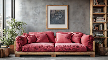 Rustic sofa with pink pillows against window near grey wall with poster frame and wooden bookcase, scandinavian home interior design of modern living room