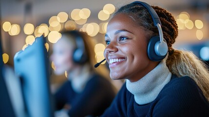 A friendly customer service representative smiles while assisting a client over the phone.