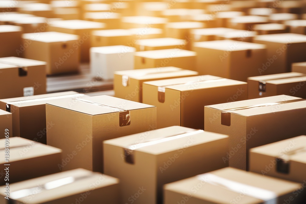 Poster a vast array of neatly stacked cardboard boxes in a warehouse during golden hour